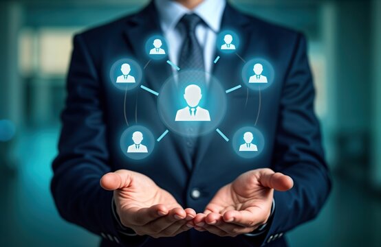 Businessman holds network of professionals. Digital tech connects team. Leadership, strategic partnerships. Business success symbolized. Future growth potential. Global collaboration. Corporate