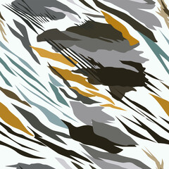 seamless abstract pattern on a white background made of various shapes and lines in different colors including black, grey, orange and yellow.  feeling of movement and energy.  chaotic and dynamic