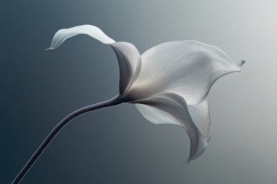 Fototapeta Delicate white flower with a single water droplet, elegantly curved against a soft blue backdrop.