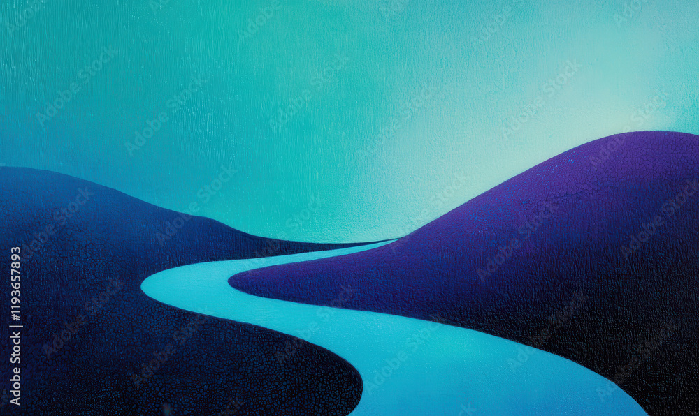 Poster serene azure landscape with undulating hills and a winding path in abstract minimalist form