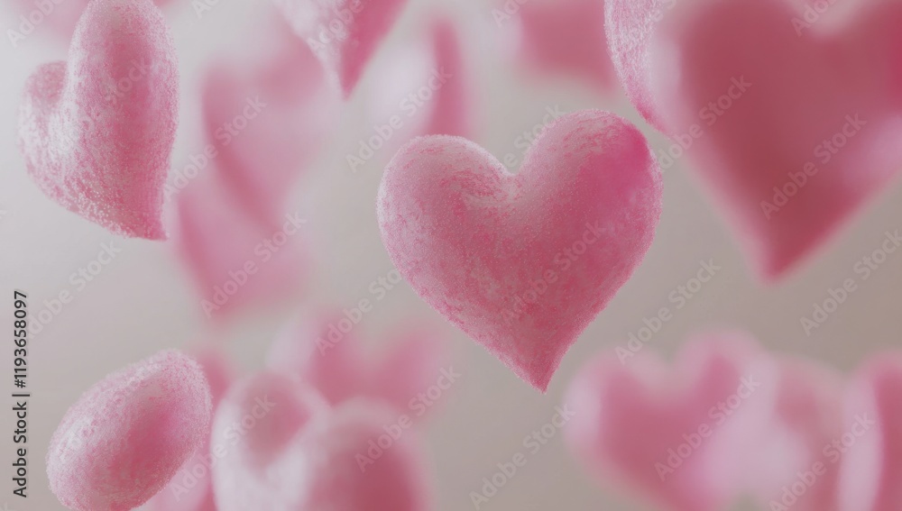 Poster pink hearts floating on a light background for valentine's day or a love concept minimalist style wi