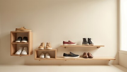 Contemporary Minimalist Shoe Collection Display in Natural Wood and Neutral Tones