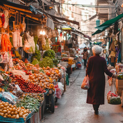 Obraz premium Senior woman walking through a vibrant market filled with fresh produce in an urban setting during daylight