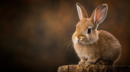A small brown rabbit is sitting on a log