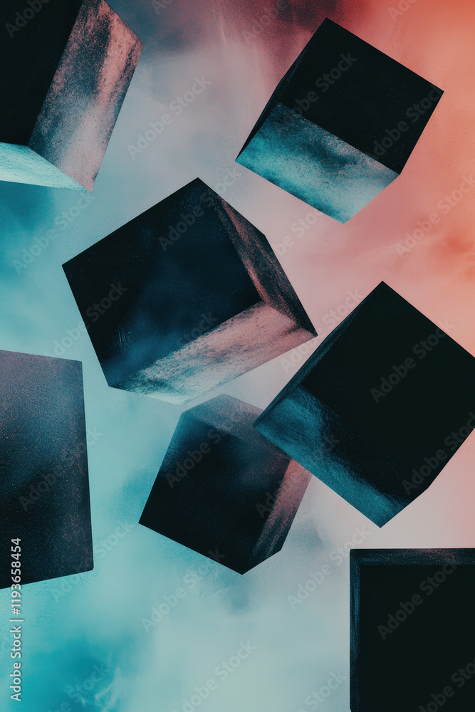Poster explore the dynamic geometry of floating cubes in a surreal and vibrant abstract design with contras