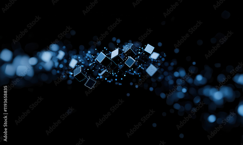 Poster explore the dynamic geometric patterns in digital technology with futuristic blue abstract shapes an
