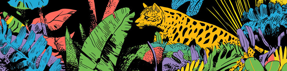 Naklejka premium Stylized Illustration of Jaguar and Tropical Plants