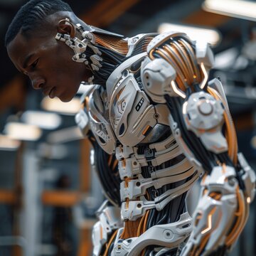 Cybernetic man with robotic body futuristic technology advanced artificial intelligence biomechanical design science fiction concept