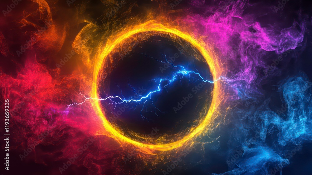 Poster a colorful circle with lightning bolts surrounding it on dark background