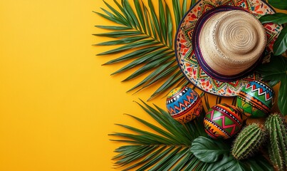Cinco de Mayo holiday theme featuring maracas, cactus, and a hat against a yellow backdrop