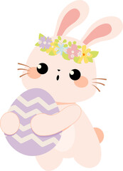 Rabbit easter bunny wearing flower crown holding egg cute kawaii flat isolated design element