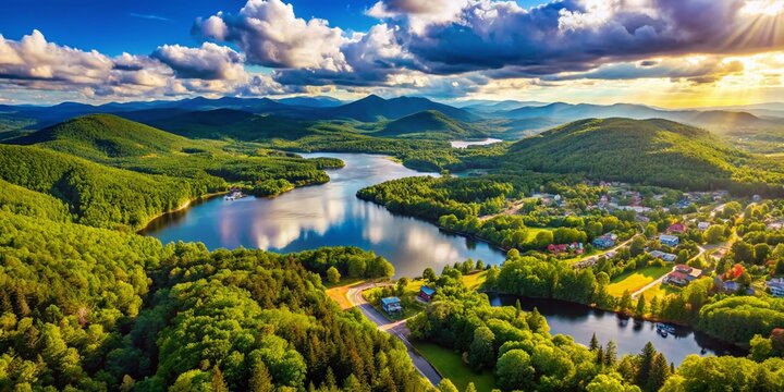 Panoramic Aerial View of Bartlett, NH Summer Scenery: Mountains, Lakes, and Green Forests