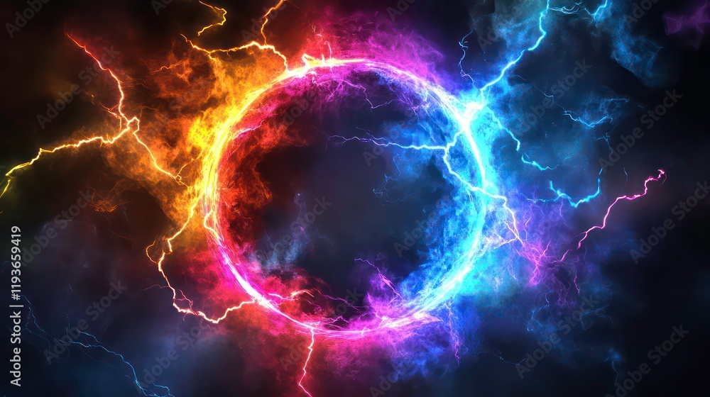 Poster a colorful circle with lightning bolts surrounding it on dark background