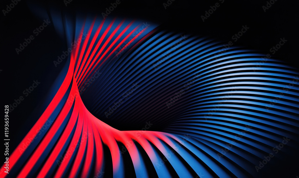 Poster explore the dynamic interplay of red and blue curved lines creating vibrant motion and contrast in m