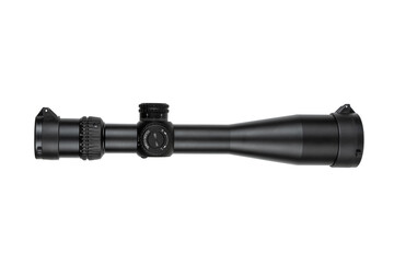 A black rifle scope with lens covers, adjustment knobs, and a honeycomb filter isolate on white background.