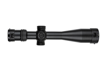 A black rifle scope with lens covers, adjustment knobs, and a honeycomb filter isolate on white background.