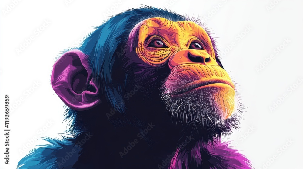 Poster vibrant and colorful artistic representation of a monkey with unique features against a light backgr