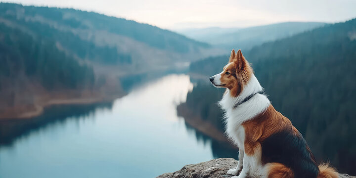 Cute dog of lassie breed on the background of natural picturesque landscape. Rough Collie, long-coated hair dog