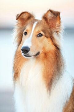 Cute dog of lassie breed on the background of natural picturesque landscape. Rough Collie, long-coated hair dog