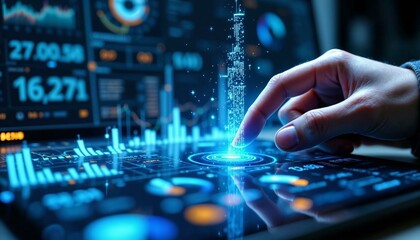Hand navigating a digital interface with holographic financial charts glowing in blue light