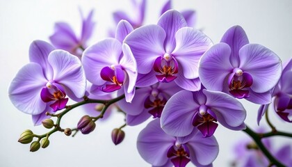 Vibrant light blue orchids with smooth petals isolated on white background
