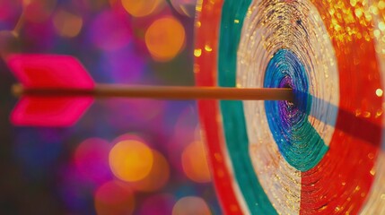 A colorful target with arrows hitting the bullseye, representing accuracy and success, set against a blurred background with ample copy space.