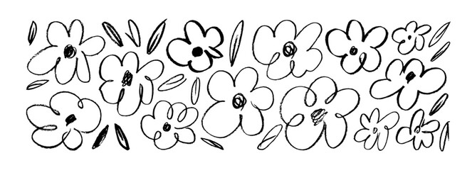 Simple cute crayon drawn chamomile flowers with leaves collection.