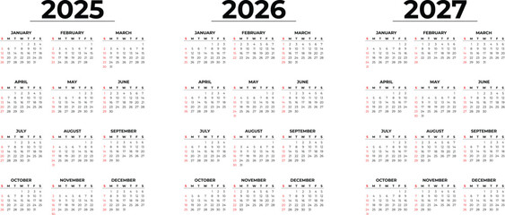 Calendars 2025 2026 2027 - Symple Layout Illustration. Week starts on Monday. Calendar Set for 2025 2026 2027 year