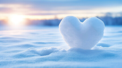 Fototapeta premium Heart-shaped snow sculpture in serene winter landscape at sunset. Valentine's Day Love Confession Concept