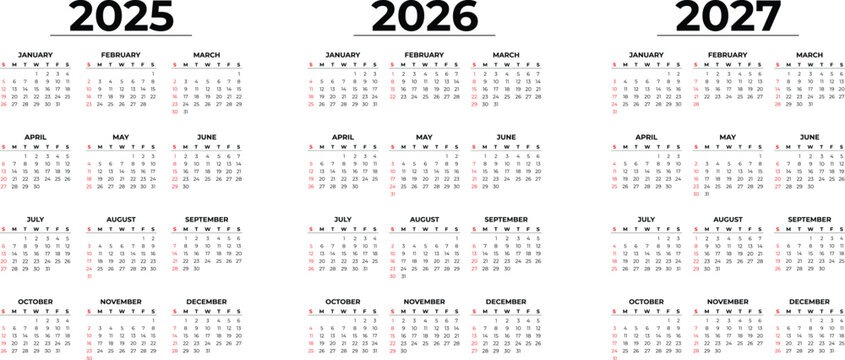 Calendars 2025 2026 2027 - Symple Layout Illustration. Week starts on Monday. Calendar Set for 2025 2026 2027 year
