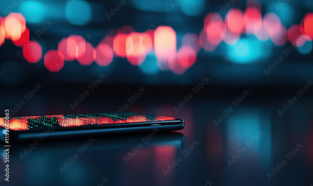 Poster sleek smartphone with vibrant bokeh illuminated display showcasing futuristic technology