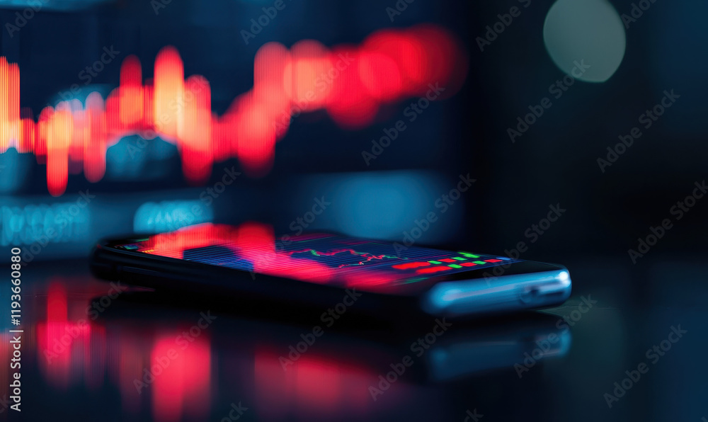 Poster dynamic digital finance analysis on smartphones with vibrant graphs and market data in red and blue 