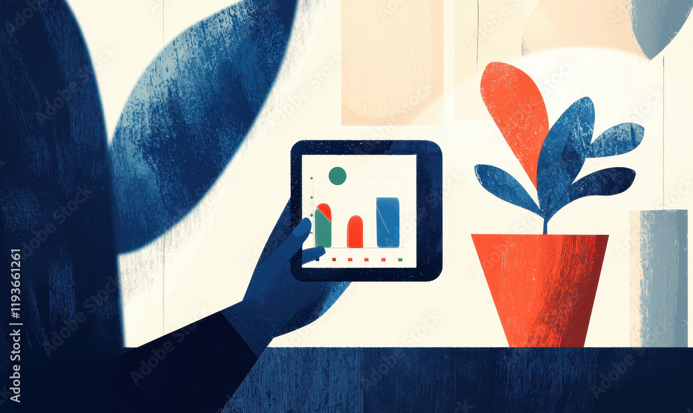 Poster Exploring Digital Growth: Analyzing Data Trends with Tablet Interface Featuring Nature Elements in Workspace Design