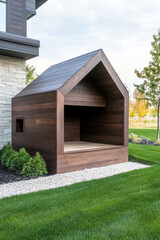 Modern dog kennel in the exterior of a country house backyard. Dog house in back yard