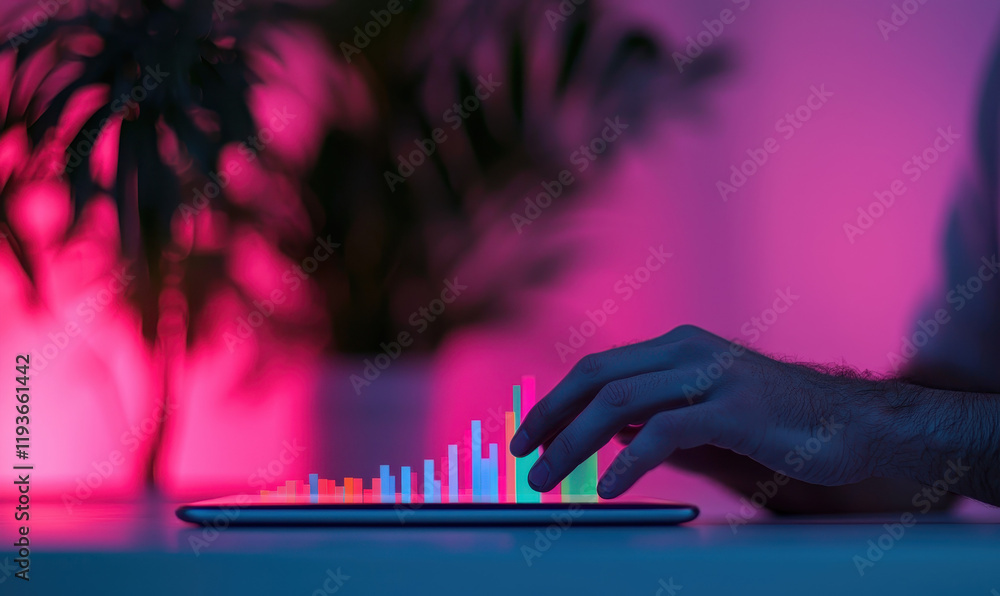 Poster exploring interactive data visualization: the role of neon-colored bar charts in modern business ana