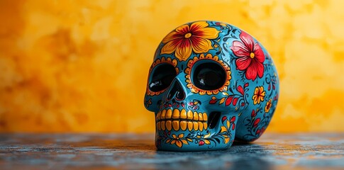 Mexican skull for Cinco de Mayo celebration banner with empty space on a solid yellow background