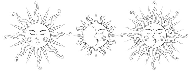 Coloring page. Black line. Magical celestial design template for astrology, fortune telling. Sun face, crescent moon in retro esoteric style. Vector illustration.