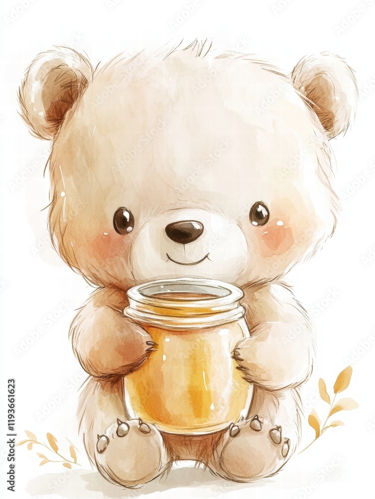 Poster cute illustrated bear holding a jar of honey in a cheerful and warm setting surrounded by nature ele