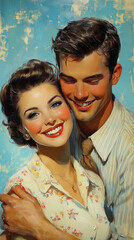 pulled back 1950's style painting of a smiling couple.Happy House Wife working husband, Husband is scooping up and holding his smiling house wife who has short dark hair clean blue background