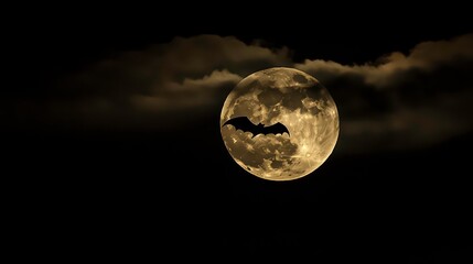 A full moon illuminates a dark sky, with clouds and a silhouette of a bat in flight.
