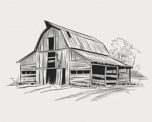 Obraz premium Rustic Wooden Barn Sketch in Rural Setting