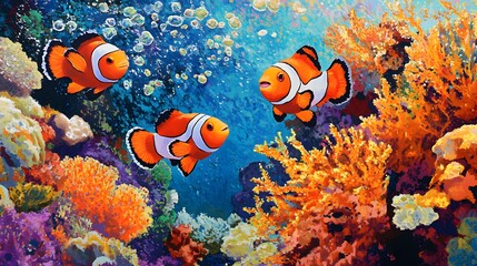 Fototapeta premium Three Clownfish Swim Among Vibrant Coral Reefs