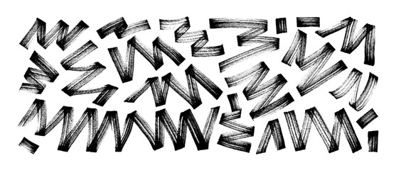 Brush drawn fun zigzag bold ribbons. Vector creative funky thick strokes, bold texture lines. Confetti style zigzag bold curly strokes. Childish scribble doodle elements. Festive ribbons.