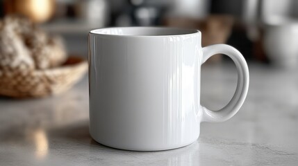 Minimalist White Coffee Cup with Smooth Surface on Marble Countertop Surrounded by Natural Elements and Soft Lighting in Modern Kitchen Setting