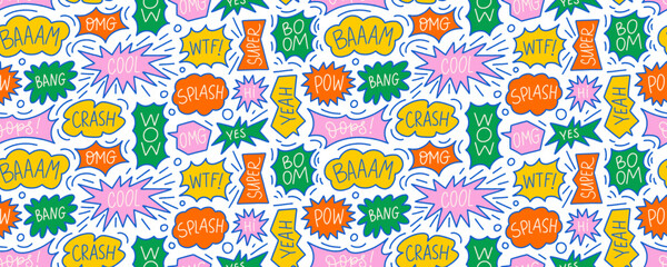 Funky seamless pattern with comic speech bubbles. Outline balloon frames with small cartoon phrases.