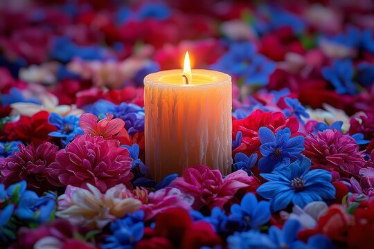 A solitary flame in a glass lantern, adorned with a wreath of red, white, and blue flowers, pays homage to fallen heroes on Memorial Day