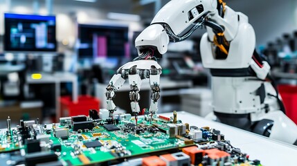 A robot assisting in the design and assembly of intricate electronic devices in a modern electronics workshop with clean surfaces and advanced assembly tools, Electronics design tech style, photo of