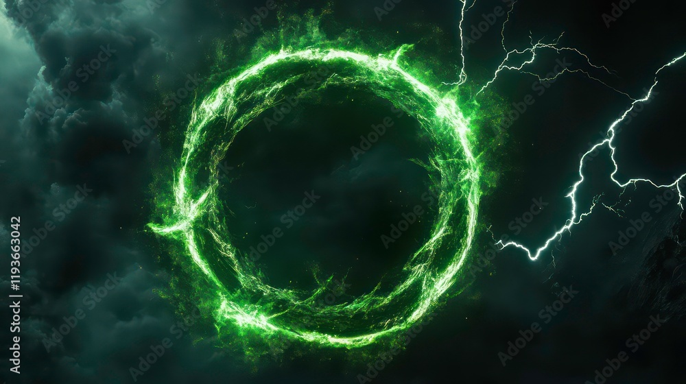 Wall mural a green circle with lightning bolts surrounding it on dark background