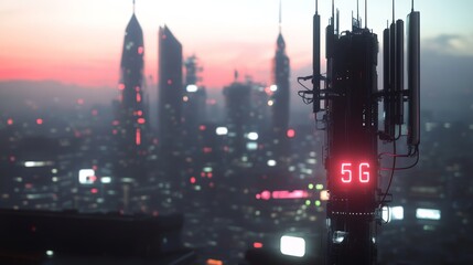 Futuristic cityscape at dusk with prominent 5g tower and skyscrapers