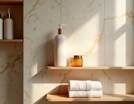Modern bathroom interior design with cosmetic products on shelves. Light beige marble walls. Wooden shelves hold white bottles of cosmetic, jar. White towels neatly folded. Empty space suggests